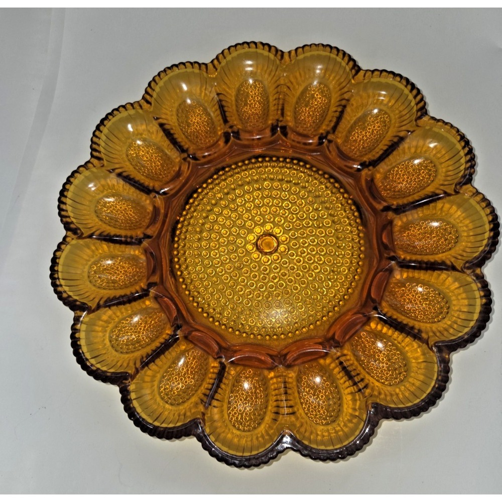 Vintage Hobnail Amber Indiana Glass Deviled Egg Plate 11" Mid Century Modern